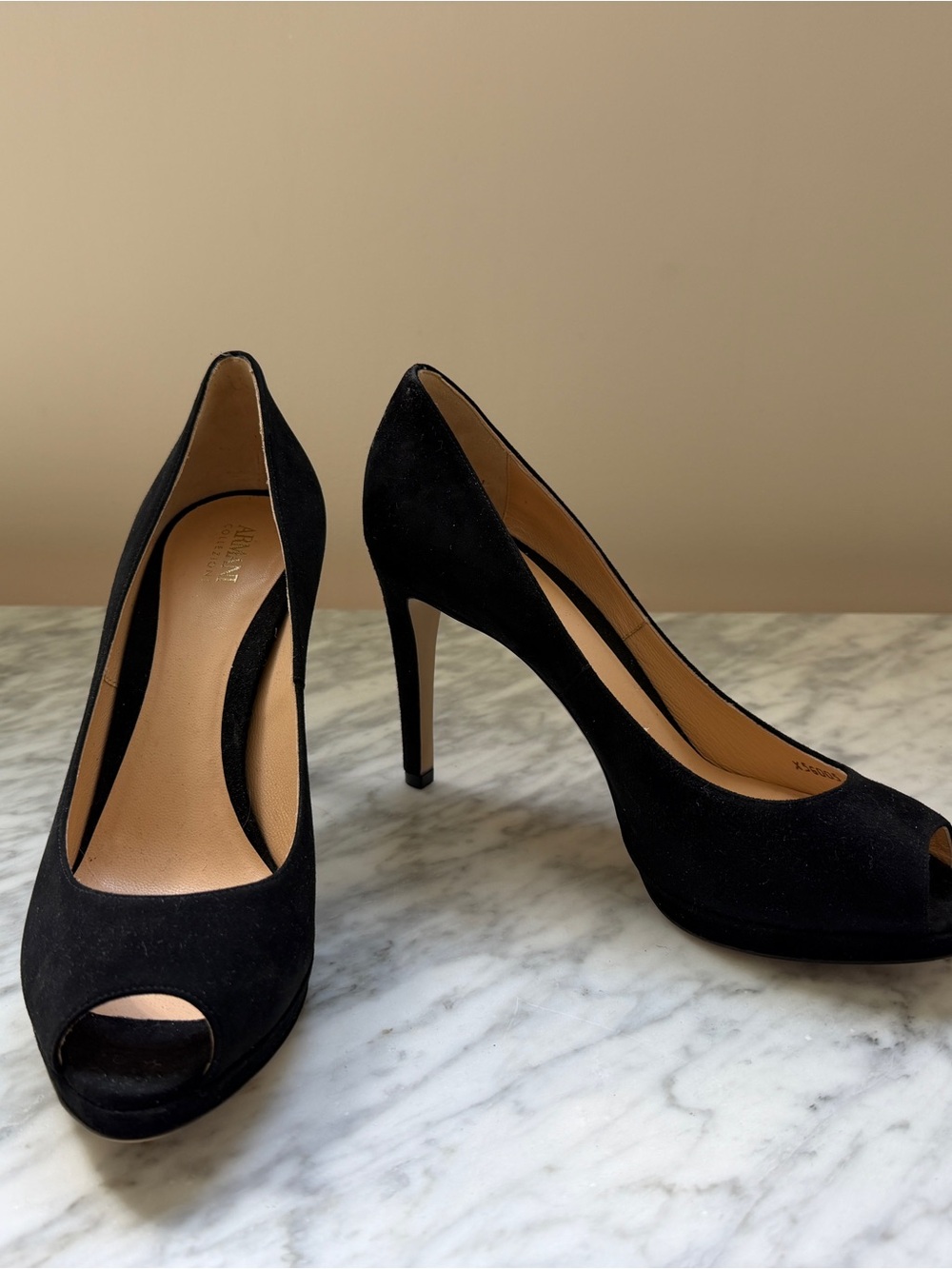Armani Collezioni Black Suede Peep-Toe High Heels
